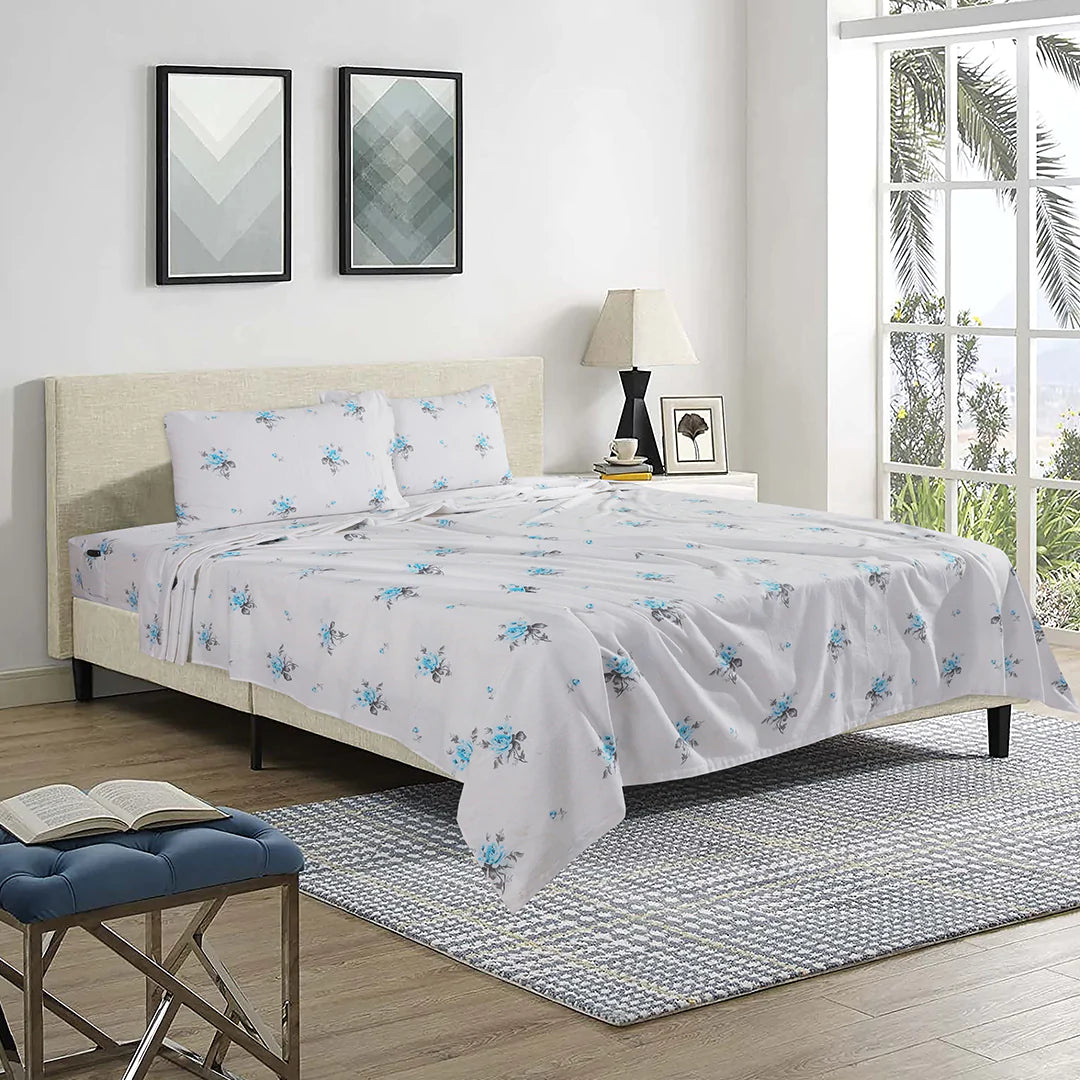 Double Brushed Flannel Sheet Set -Blue Floral Flannel Sheet Set EnvioHome 